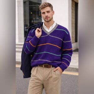 Vintage 90’s Ralph Lauren Men's/Unisex Purple Striped SweaterWorsted Wool